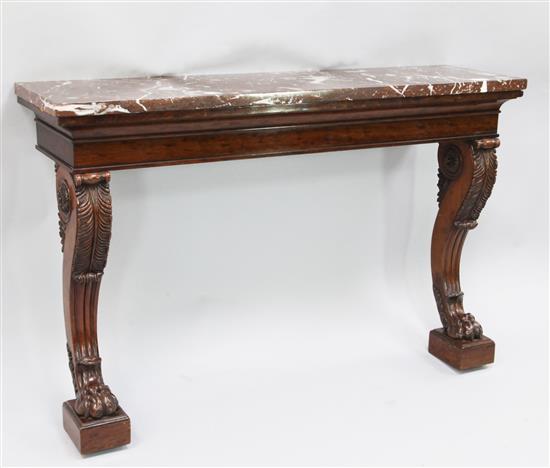 A William IV flame mahogany console table, W.4ft 2in. D.1ft 2in. H.2ft 8in.